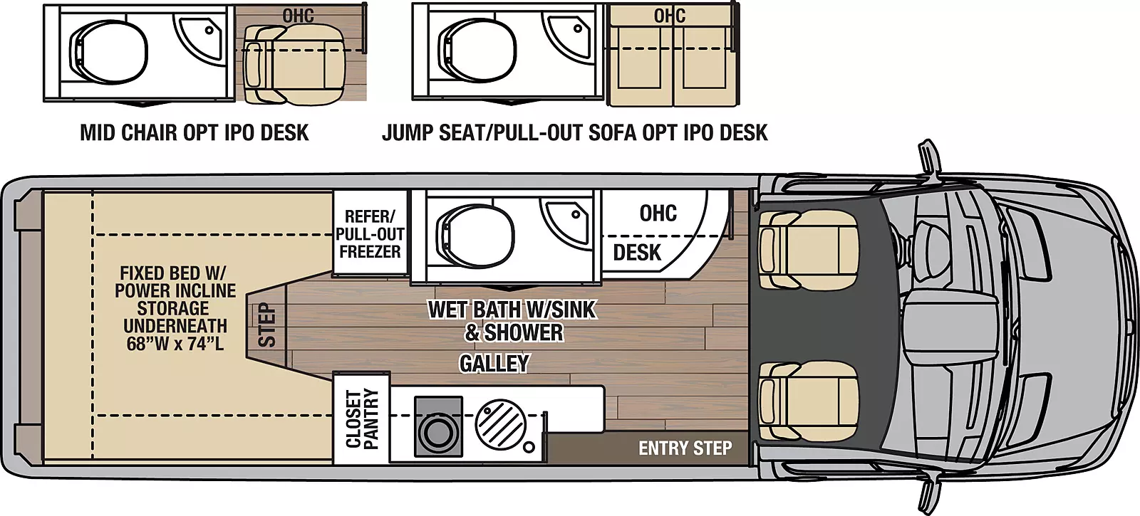 The Galleria 24A has 0 slideouts and 1 entry door and rear doors. Interior layout from front to back; off-door desk with overhead cabinets; door side near entry step Galley kitchen with LP cooktop and single sink with overhead cabinets; off-door side wet bath with toilet, sink and shower; door side closet/pantry; off door refrigerator and pull out freezer; step up; rear 68 inch width by 74 inch long fixed bed with power incline storage underneath. Optional mid chair in place of desk. Option jump seat pull out sofa in place of desk.