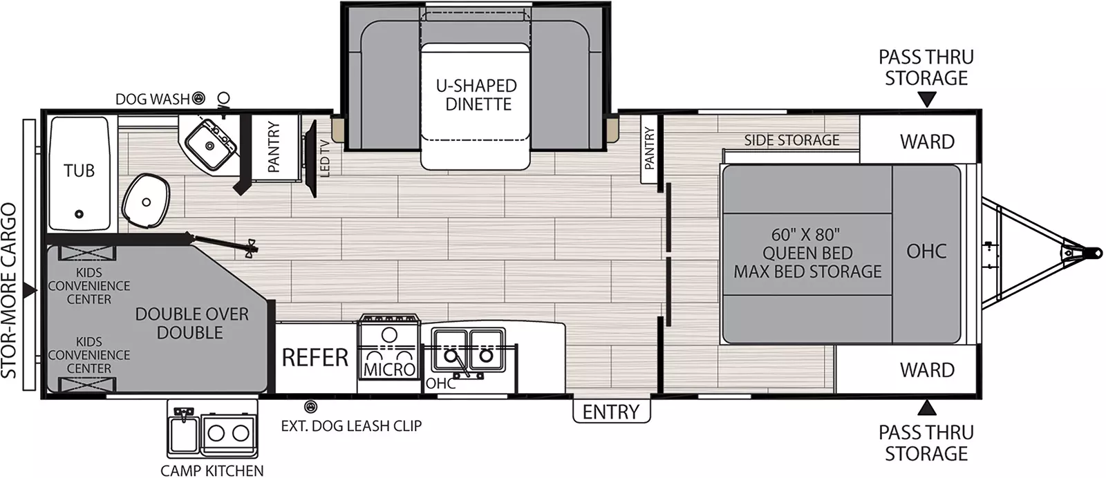 The 2549BHX has one slide out on the off-door side and one entry door on the door side. Interior layout from front to back: front bedroom with foot facing queen bed containing max bed storage and side storage, wardrobes on either side of bed, and overhead cabinet; kitchen living dining area with off-door side slide out containing u-shaped dinette; off- door side pantry; door side kitchen containing double basin sink, overhead cabinet, microwave overhead, cook top stove, and refrigerator; off-door side television and pantry; off-door side bathroom; and door side double over double bunk beds with kids convenience centers.