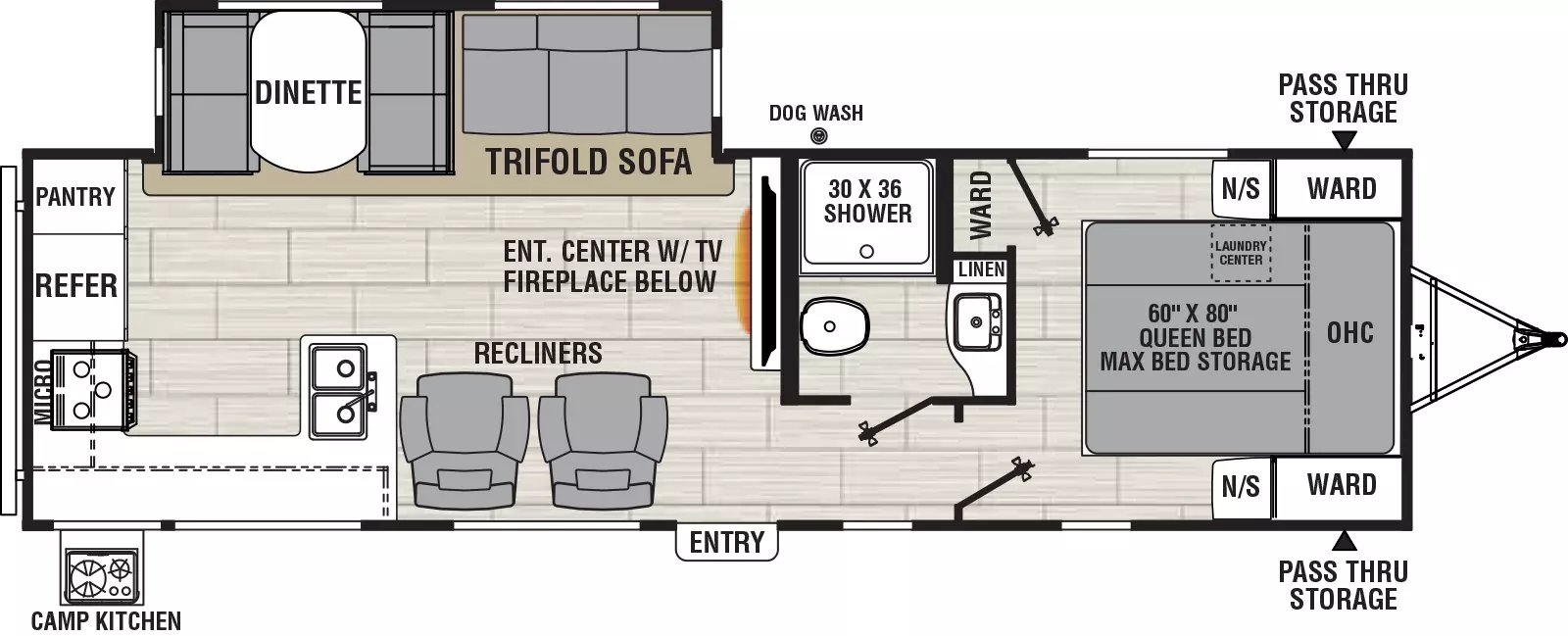 The 2965Rk has one slideout and one entry. Exterior features include a front pass-thru storage, rear camp kitchen, and off-door side dog wash. Interior layout front to back: queen bed with max bed storage and laundry center, with overhead cabinets, and night stands and wardrobes on each side, and wardrobe on off-door side; off-door side full bathroom with linen cabinet; entertainment center with TV and fireplace below along inner wall; off-door side slideout with tri-fold sofa and dinette; door side entry, recliners and peninsula countertop that wraps to door side, and then rear featuring overhead cabinets, microwave, refrigerator and pantry.