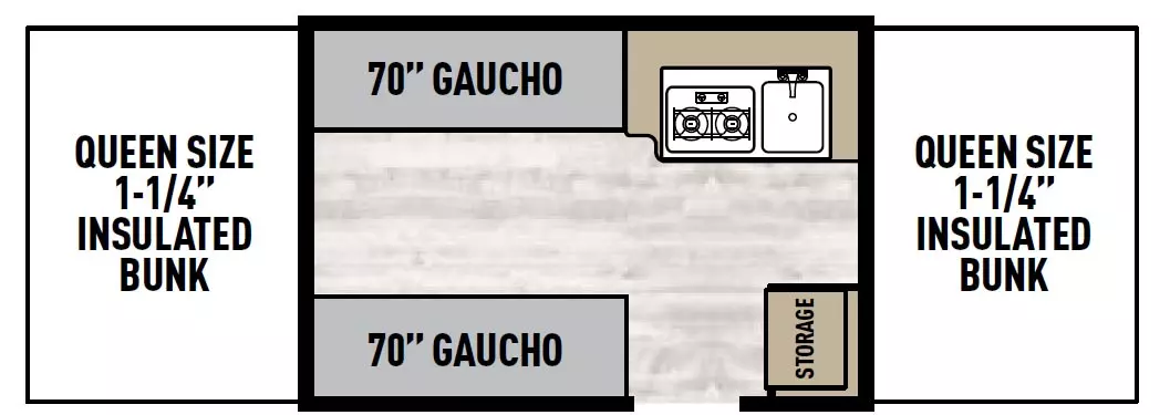 The 107LS has no slide outs and 1 entry door. Interior layout from front to back includes a front insulated 1-1/4 inch Queen size bunk; storage next to entry door; off-door side kitchen with sink and 2-burner stovetop; opposing side 70 inch gauchos; and a rear insulated 1-1/4 inch Queen size bunk.