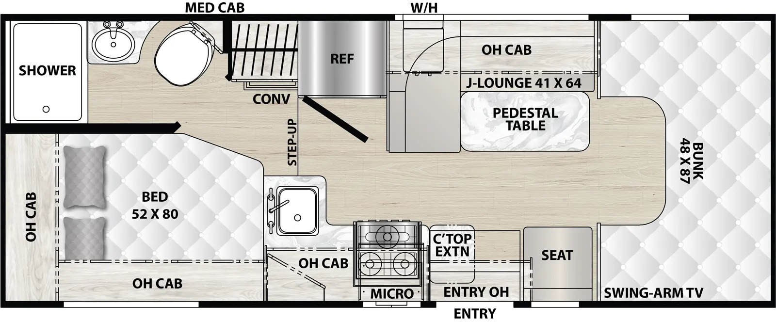 The Cross Trail 20CB has 0 slideouts and 1 entry door.  Interior layout from front to back; front 48 inch by 87 inch bunk; door side kitchen with counter top extension near entry, stovetop with microwave , overhead cabinets and single sink; off-door side 41 inch by 64 inch J-Lounge with overhead cabinets and pedestal table, refrigerator and furnace; step up; rear door side 52 inch by 80 inch bed with overhead cabinets; off-door side bathroom with shower, sink and toilet and medicine cabinet.