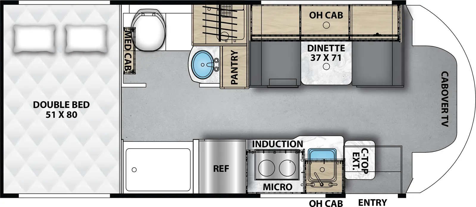 The Cross Trail 20XG has zero slideouts and one entry. Interior layout front to back: front cab over TV; door side entry, kitchen counter with countertop extension, sink, induction cooktop, overhead cabinet, microwave, refrigerator, and shower; off-door side dinette with overhead cabinet, pantry, and off-door side bathroom with toilet, sink, and medicine cabinet only; rear side-facing double bed.
