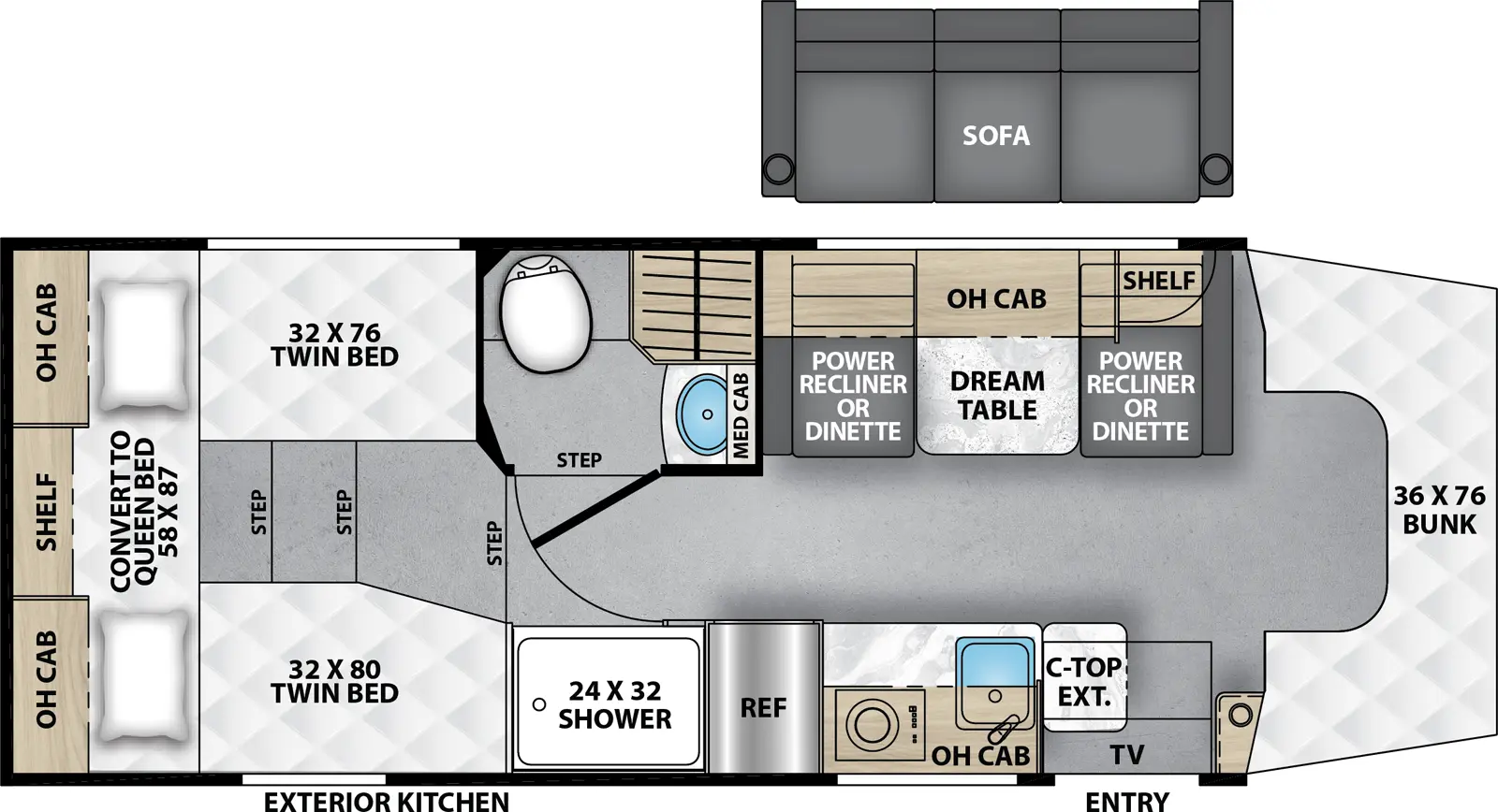 The Cross Trail 26TB floorplan has one entry and zero slide outs. Exterior features include: 14' Armless awning. Interiors features include: bunk over cab.