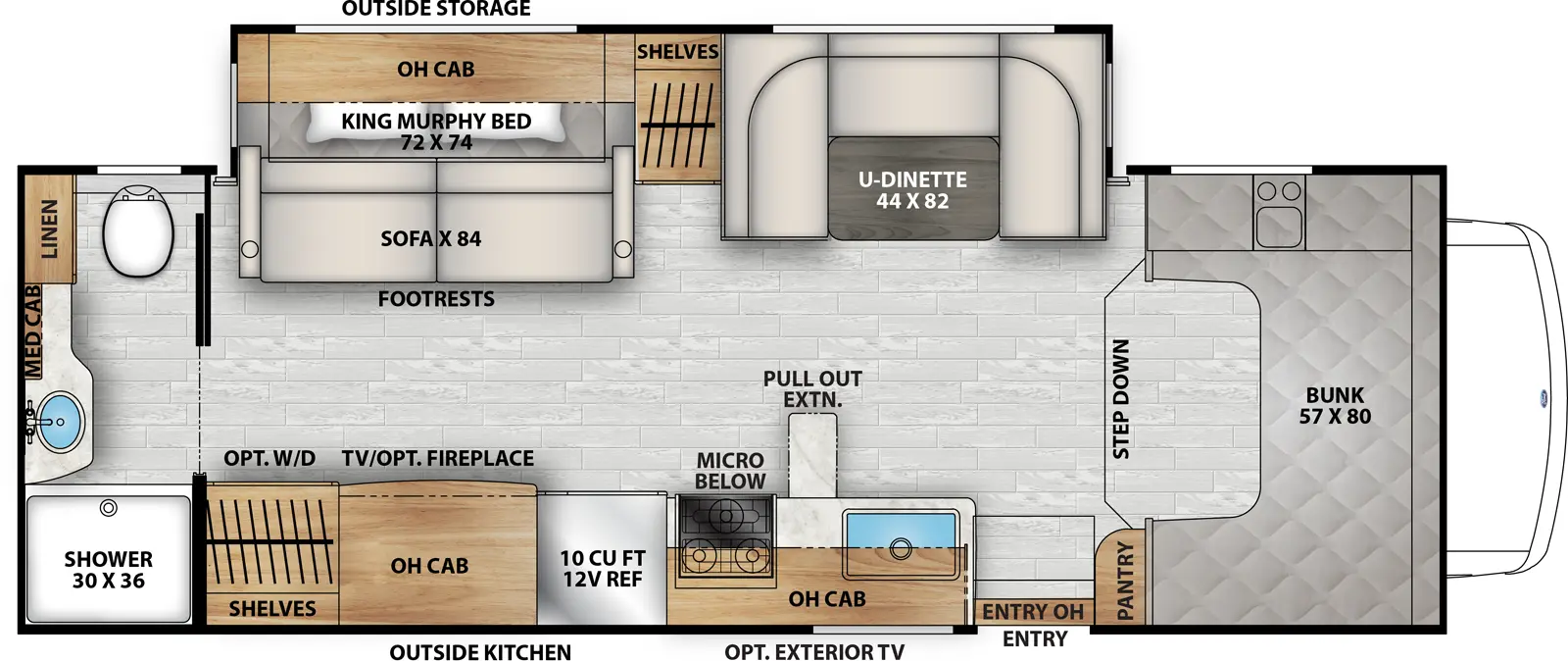 The Freelander 26MB floorplan has one entry and one slide out. Exterior features include: 19' awning, outside entertainment and outside kitchen. Interiors features include: murphy bed, rear bathroom, bunk over cab, u-dinette and LATCH system.