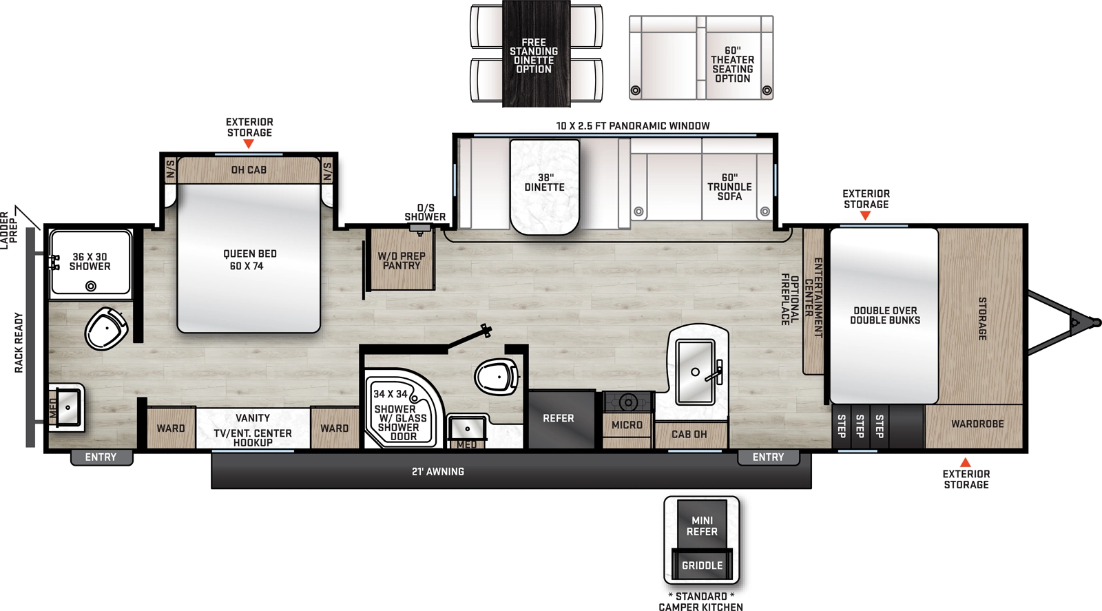 The Catalina Legacy Edition 333DBDSCK floorplan has two entries and two slide outs. Exterior features include: metal exterior, 21' awning and outside kitchen. Interiors features include: bunk beds, free-standing dinette option, rear bathroom and two full bathrooms.